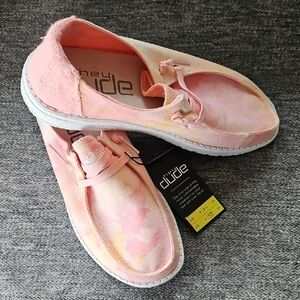 Hey Dude Pink and Yellow Loafers with Canvas Upper